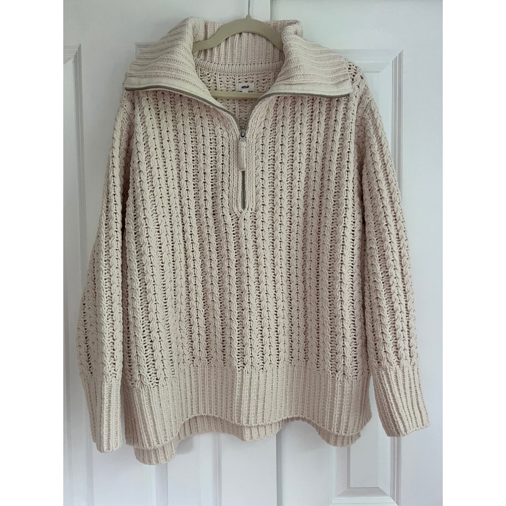 Aerie Cream Chenille Quarter Zip Chunky Knit Comfy Oversized Sweater Size L